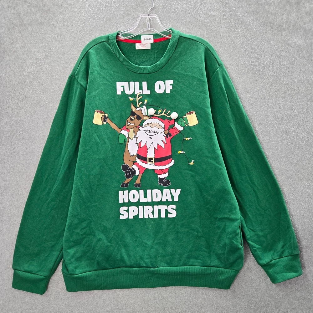 Holiday Time Men Sweatshirt XL Green Full Of Holiday‎ Spirit Santa Claus